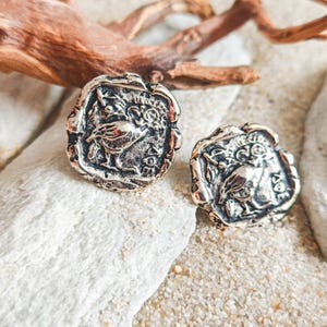 Athenian Tetradrachm Owl Earrings, Ancient Greek Coin Replica Jewelry, Classical Athens Archaeology Studs