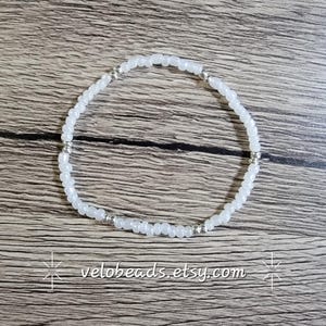 Anklet - Pearl White, Silver Beaded Anklet with Elastic Cord, Hand Crafted