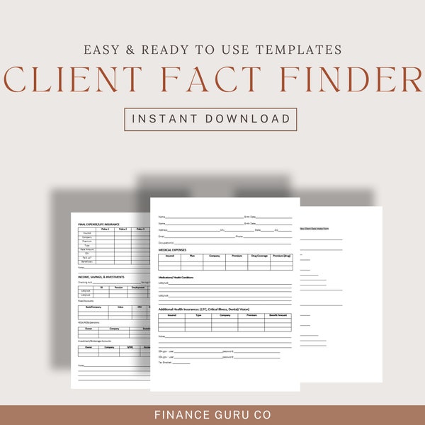 Fact Finder Data Intake Forms for Insurance Agent, Financial Services, Medicare, New Client Documents, Life Insurance, Finance, New Business