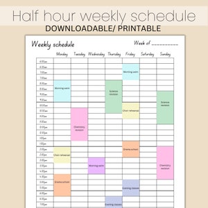 Simple Half Hour Weekly Schedule, Weekly Planner Printable, Weekly To Do List, Weekly Agenda