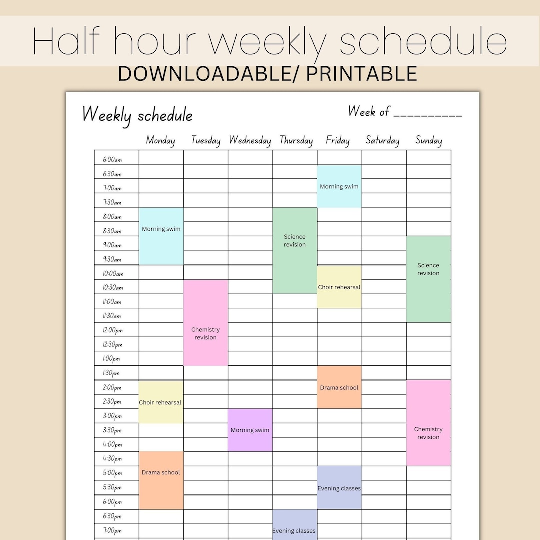 Simple Half Hour Weekly Schedule, Weekly Planner Printable, Weekly to ...