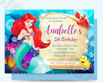 May include: A birthday invitation featuring Ariel, the Little Mermaid, with a whimsical underwater scene. The invitation is for Anabelle's 5th birthday party, taking place on Saturday, April 12, 2023, from 3 PM to 7 PM. The address is 123 Flounder Street, Bubble City, FL 33133. RSVP to Triton at 555-666-7788.
