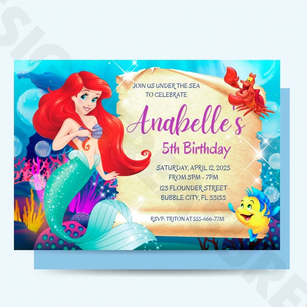 INSTANT DOWNLOAD - Little Mermaid Invitation - Little Mermaid Birthday Invitation - Ariel - Digital Invitation - Canva.com Editable