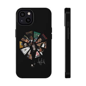 May include: Black phone case with a collage of album covers and a graphic of a performer in a white hat and black suit. The case has a glossy finish and a signature.