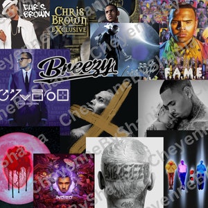 Op de afbeelding: Een collage van albumhoezen en promotiebeelden met Chris Brown. De afbeeldingen tonen verschillende albumhoezen, waaronder "Breezy" en "Indigo", samen met portretten van de artiest. Het kleurenpalet varieert van levendige tinten tot zwart-wit.