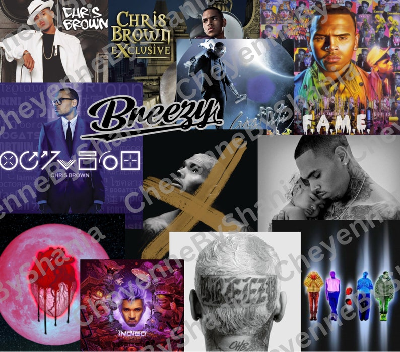 Op de afbeelding: Een collage van albumhoezen en promotiebeelden met Chris Brown. De afbeeldingen tonen verschillende albumhoezen, waaronder "Breezy" en "Indigo", samen met portretten van de artiest. Het kleurenpalet varieert van levendige tinten tot zwart-wit.