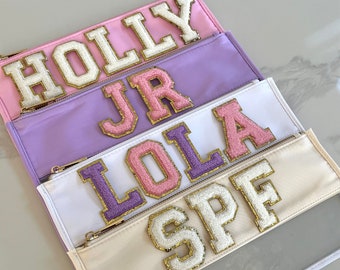 Personalised Clear Pouch  - Makeup Bag - Toiletry Bag - Chenille Letter Patches - Holiday Pouch - Personalised Gift - Holiday Bag