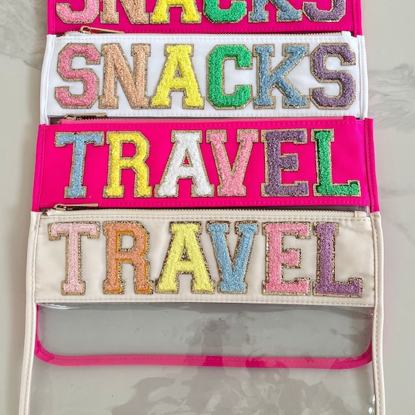 Clear Zip Pouch Bag - Pre made - Travel Bag - Chenille Patches - Holiday Pouch - Airport  - Passport holder - Snack bag - Snack box - Gift