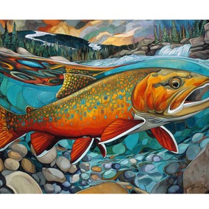 May include: A vibrant painting of a fish swimming underwater. The fish has orange and yellow scales with red fins. The water is a mix of blue and turquoise, with rocks and a waterfall in the background. The artwork has a colorful, artistic style.