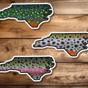 North Carolina Fly Fishing 3-Sticker Set Trout Bumper Sticker Waterproof Laptop Truck Boat Mug Brown Trout Rainbow Trout Brook Trout