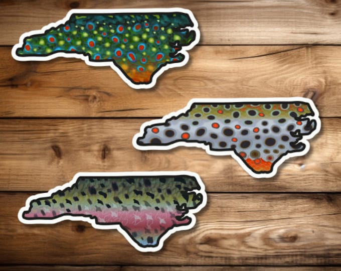 North Carolina Fly Fishing 3-Sticker Set Trout Bumper Sticker Waterproof Laptop Truck Boat Mug Brown Trout Rainbow Trout Brook Trout