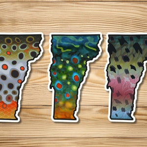 Vermont 3-Sticker Fly Fishing Set, Trout Bumper Sticker, Waterproof, Great for Truck, Bumper, Mug, Brown Trout, Rainbow Trout, Brook Trout