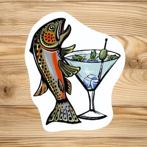 Mayfly Martini Fly Fishing Sticker Art Deco Style, Brown Trout, Waterproof Vinyl