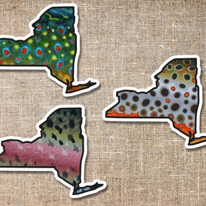 New York Fly Fishing 3-Sticker Set, Trout Bumper Sticker, Waterproof, Great for Truck, Boat Mug, Tumbler, Brown Trout Rainbow Brook Trout