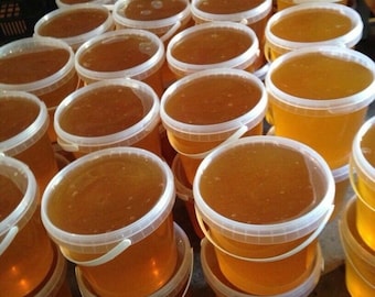 May include: A large collection of clear plastic buckets filled with golden honey. The buckets are stacked and arranged in rows, creating a visually appealing display of the sweet, viscous liquid.