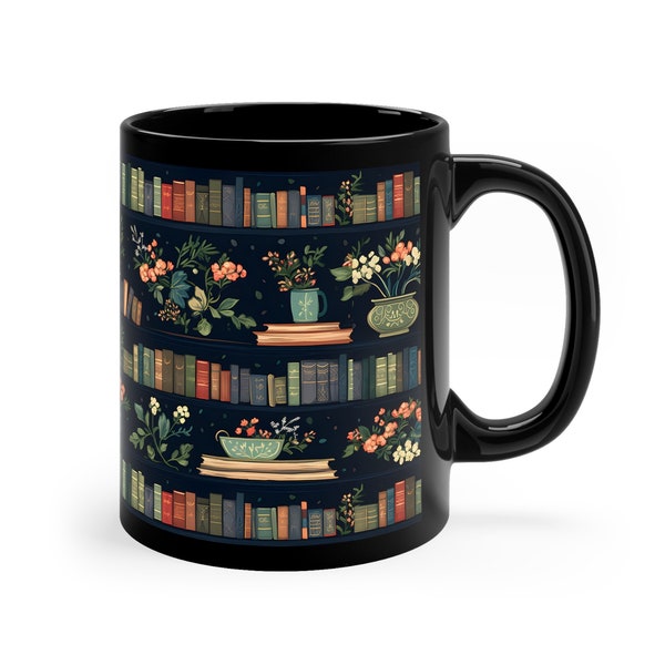 Maximalist Books and Plants Mug for Fall Bookish Gift for Book Lover | 11 oz Black Floral Ceramic Coffee Cup | Dishwasher & Microwave Safe