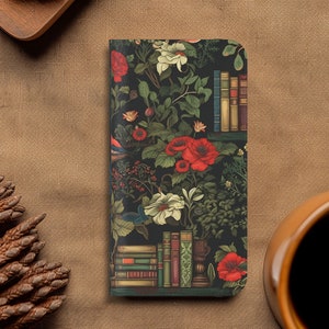 Dark Academia Floral Wallet Phone Case for iPhone 16 15 Pro Max 14 13 mini 12 11, Samsung Galaxy S25 S24 S23 S22 Plus Ultra book lover gift