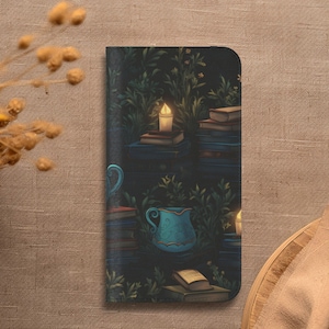 Funda tipo cartera con diseño de flores y té de la Academia Dark Cottagecore: iPhone 16, 15, 14, 13, 12 y 11 Pro Max, Samsung Galaxy S25, S24, S23, S22 y S21 Plus Ultra
