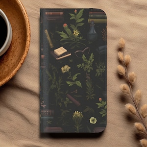 Floral Bookish Wallet Phone Case w Dark Academia Flowers & Books for Galaxy S21 S22 S23 Ultra or Plus, iPhone 11 12 13 14 15 Pro Max - mini