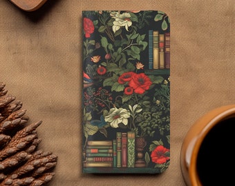 Dark Academia Floral Wallet Phone Case for book lover gift: iPhone 15 14 13 Pro Max - mini 12 11 or Galaxy S23 S22 S21 Plus Ultra