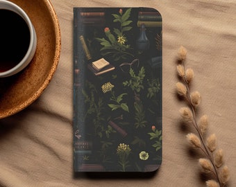 Floral Bookish Wallet Phone Case w Dark Academia Flowers &Books para Galaxy S21 S22 S23 Ultra o Plus, iPhone 11 12 13 14 15 Pro Max - mini