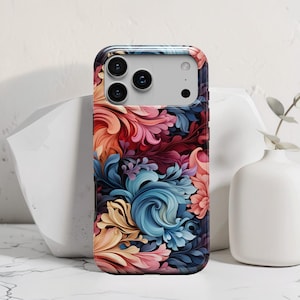 Funda para teléfono única: iPhone 17 Pro Max, Air 17e, 16, 16e, 15, 14, 13 MagSafe; Pixel 10 Pro XL, S26 Ultra, S25 Plus, con coloridos remolinos florales abstractos. imagen 1