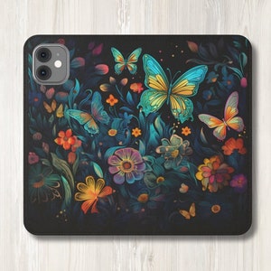 Funda tipo libro con diseño floral de mariposas y flores para iPhone 16, 15, 14, 13, 12 y 11 Pro Max y mini, y Samsung Galaxy S25, S24, S23 y S22 Plus Ultra.