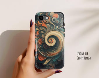 May include: A phone case for an iPhone 17E with a glossy finish, featuring a complex, swirling abstract pattern in shades of orange, cream, teal, and dark charcoal. The design centers on a prominent spiral, surrounded by organic, flowing shapes.