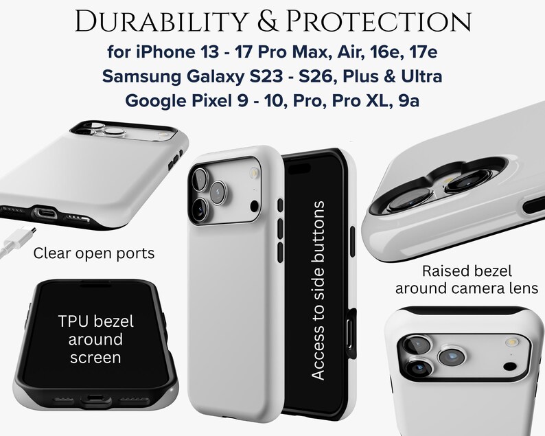 The image is a collage of various iPhone 13, Samsung Galaxy S23, and Google Pixel 9 models, showcasing their designs and features.