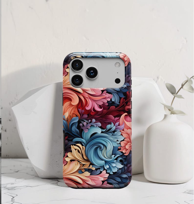 Funda para teléfono única: iPhone 17 Pro Max, Air 17e, 16, 16e, 15, 14, 13 MagSafe; Pixel 10 Pro XL, S26 Ultra, S25 Plus, con coloridos remolinos florales abstractos. imagen 1