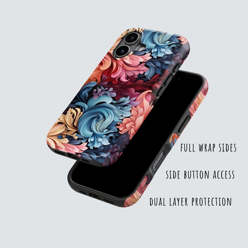Puede incluir: Una funda para tel&eacute;fono con un patr&oacute;n floral vibrante en tonos azul, melocot&oacute;n y rojo oscuro. La funda muestra lados completamente envueltos, acceso a botones laterales y protecci&oacute;n de doble capa en la parte posterior y los laterales.