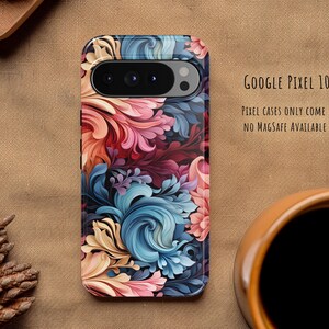 Puede incluir: Una funda para Google Pixel 10 Pro XL con un patr&oacute;n floral vibrante y arremolinado en tonos rosa, azul y crema. El texto dice: Google Pixel 10 Pro XL. Pixel cases only come in glossy. No MagSafe available for Pixel.