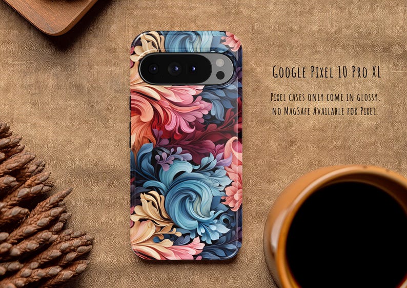 Puede incluir: Una funda para Google Pixel 10 Pro XL con un patr&oacute;n floral vibrante y arremolinado en tonos rosa, azul y crema. El texto dice: Google Pixel 10 Pro XL. Pixel cases only come in glossy. No MagSafe available for Pixel.
