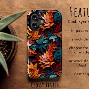 Teal Leaves Phone Case, Impact-Resistant, Dual Layer, iPhone 17e Galaxy S26 Pixel 10 image 4