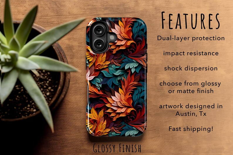 Teal Leaves Phone Case, Impact-Resistant, Dual Layer, iPhone 17e Galaxy S26 Pixel 10 image 4
