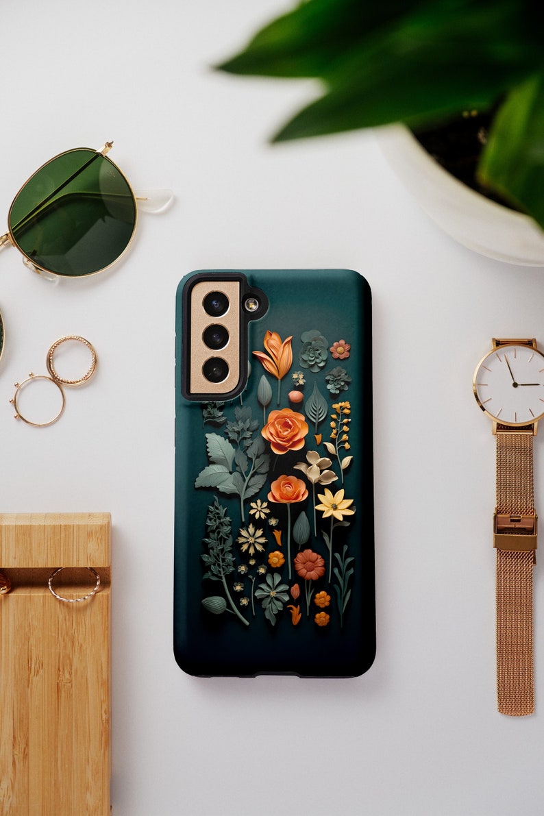 dark Teal Flowers & Roses Floral Phone Case: Google Pixel 6 7 Pro, Samsung Galaxy S22 S23 Plus Ultra, iPhone 15 14 Pro Max 13 MagSafe 12 mini 11