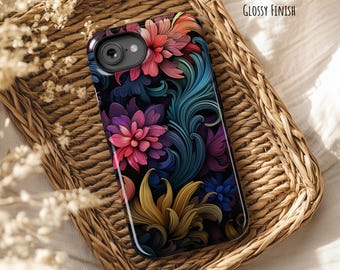 Donker telefoonhoesje met bloemen- en krulmotief voor iPhone 17 of Galaxy S26, dubbele bescherming.
