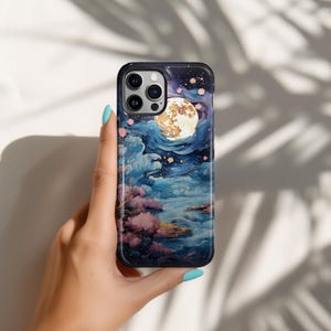 Watercolor Lake with Full Moon Phone Case: MagSafe iPhone 16 16e 15 14 13 12 Pro Max, Pixel 9 9a 8 7 Pro, Samsung Galaxy S25 S24 Plus Ultra
