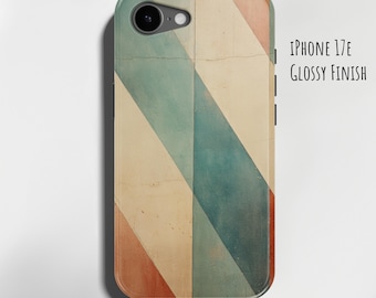 May include: A phone case for an iPhone 17e with a glossy finish. The design features diagonal stripes in muted shades of teal, cream, and terracotta. The camera lens cutout is visible at the top left, and the text iPhone 17e Glossy Finish is present.