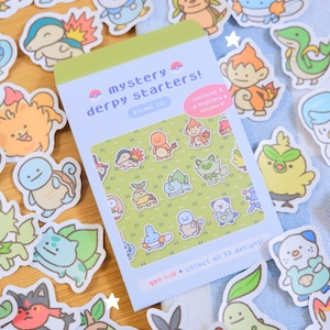 Poke Derpy Starters Mystery Blind Bag (Updated Design), Sticker Grab Bag, Gacha | Vinyl Waterproof Stickers for Bullet Journal, Laptop
