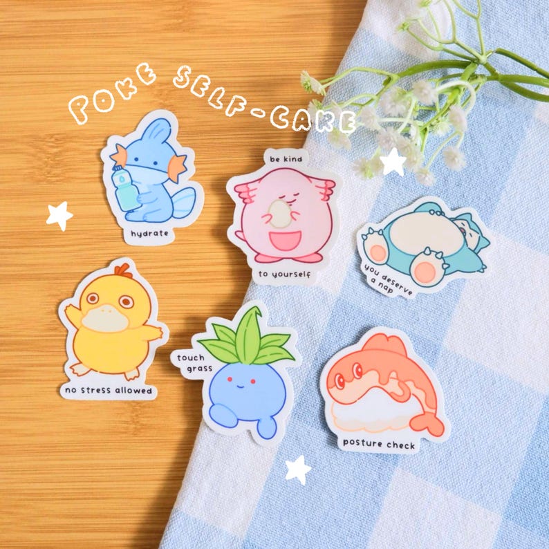 Poke Self-Care Stickers | Vinyl Waterproof Stickers for Bullet Journal, Planner, Laptop, Water Bottle, Phone Case, Deco Set of All 6