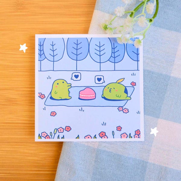 Green Blobs in Love Art Print | Wall Decor, Hand Drawn Illustration, Cozy Art Print, Cute Aesthetic Art, Comic