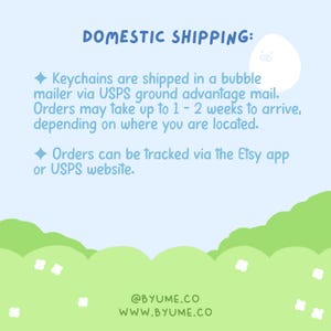 May include: A light blue graphic with the text "DOMESTIC SHIPPING:" and information about keychain shipping via USPS. The image includes a cartoon character and a green grassy border with white flowers.