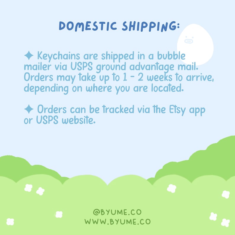 May include: A light blue graphic with the text "DOMESTIC SHIPPING:" and information about keychain shipping via USPS. The image includes a cartoon character and a green grassy border with white flowers.