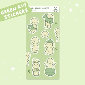 Green Guy Sticker Sheet | Vinyl Waterproof Stickers for Bullet Journal, Planner, Laptop, Water Bottle, Phone Case, Deco