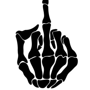 May include: Black and white skeletal hand giving the middle finger. The hand is stylized to look like a skeleton with visible bones.
