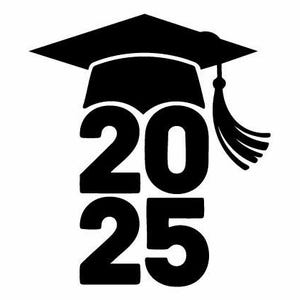 May include: A black graduation cap with a tassel, above the numbers 20 and 25, representing the year 2025. The design is a simple, bold graphic, perfect for graduation announcements and gifts.