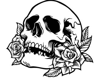 May include: A black and white illustration of a skull with a rose in its mouth. The skull is drawn in a detailed style, with visible teeth and a prominent jawline. The rose is a classic symbol of beauty and love, and its presence in the skull's mouth creates a striking contrast.