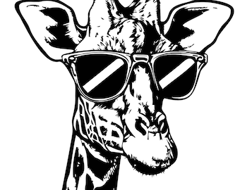 Pode incluir: Uma ilustração em preto e branco de uma girafa usando óculos de sol. A cabeça e o pescoço da girafa são visíveis, com os óculos de sol cobrindo seus olhos. A pelagem da girafa é estampada com manchas.