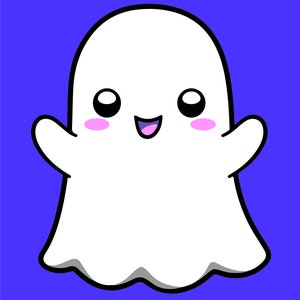 May include: A white cartoon ghost with a big smile and pink cheeks. The ghost has large black eyes and is outlined in black.